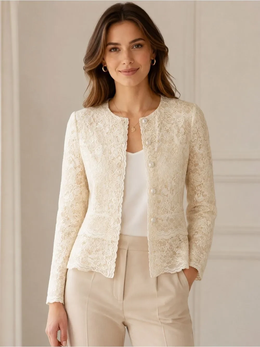 Jones New York Ivory Lace Jacket Women’s Size 8 Elegant Floral Overlay Top